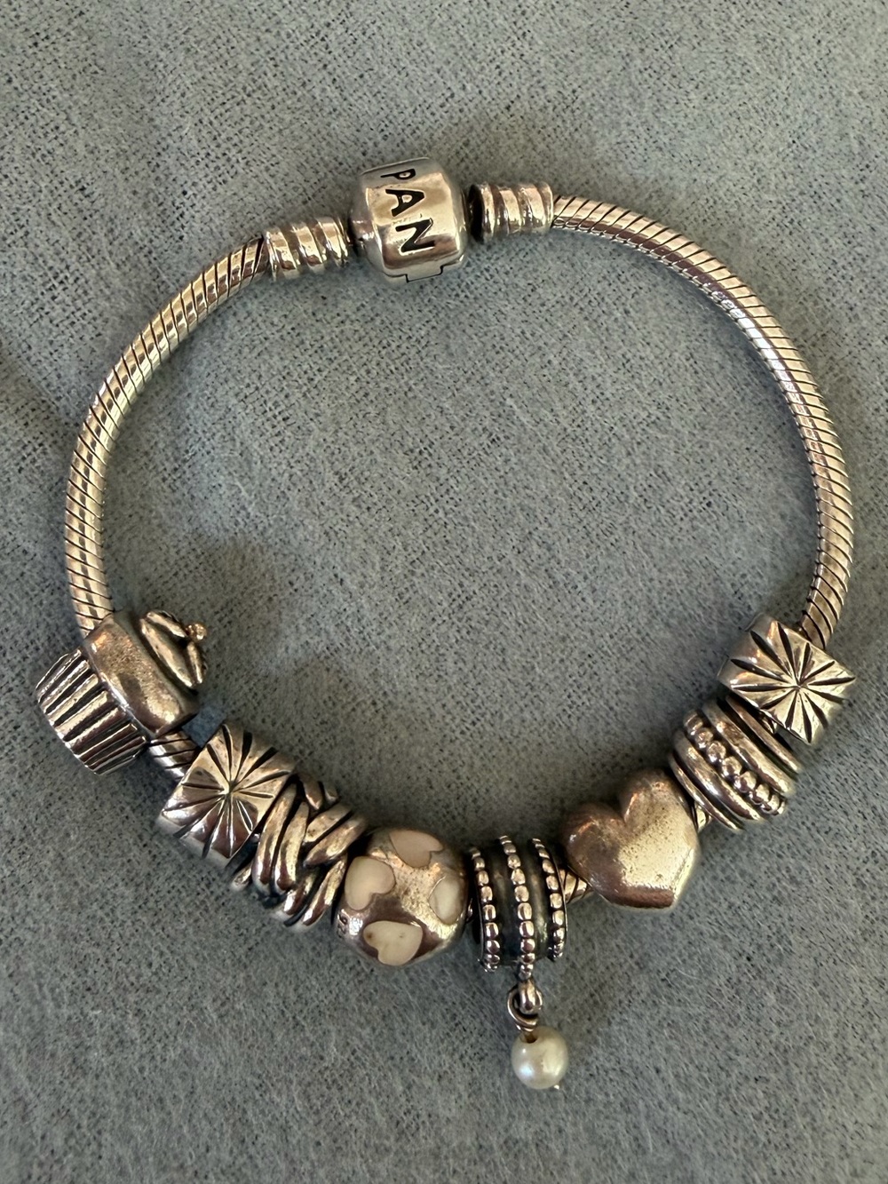 Pandora Silver Charm Bracelet with Heart & Pearl Drop